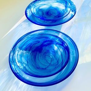 ❤️ Cobalt Blue Swirl Hand-blown Turkish Artistic Elements Glass Plate Set for 2